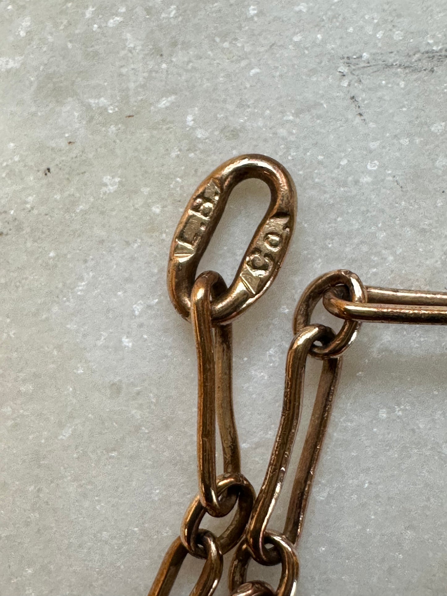 ANTIQUE 10K GOLD, CULTURED PEARL AND ONYX PENDANT on a rose gold mini trombone link chain 15" chain