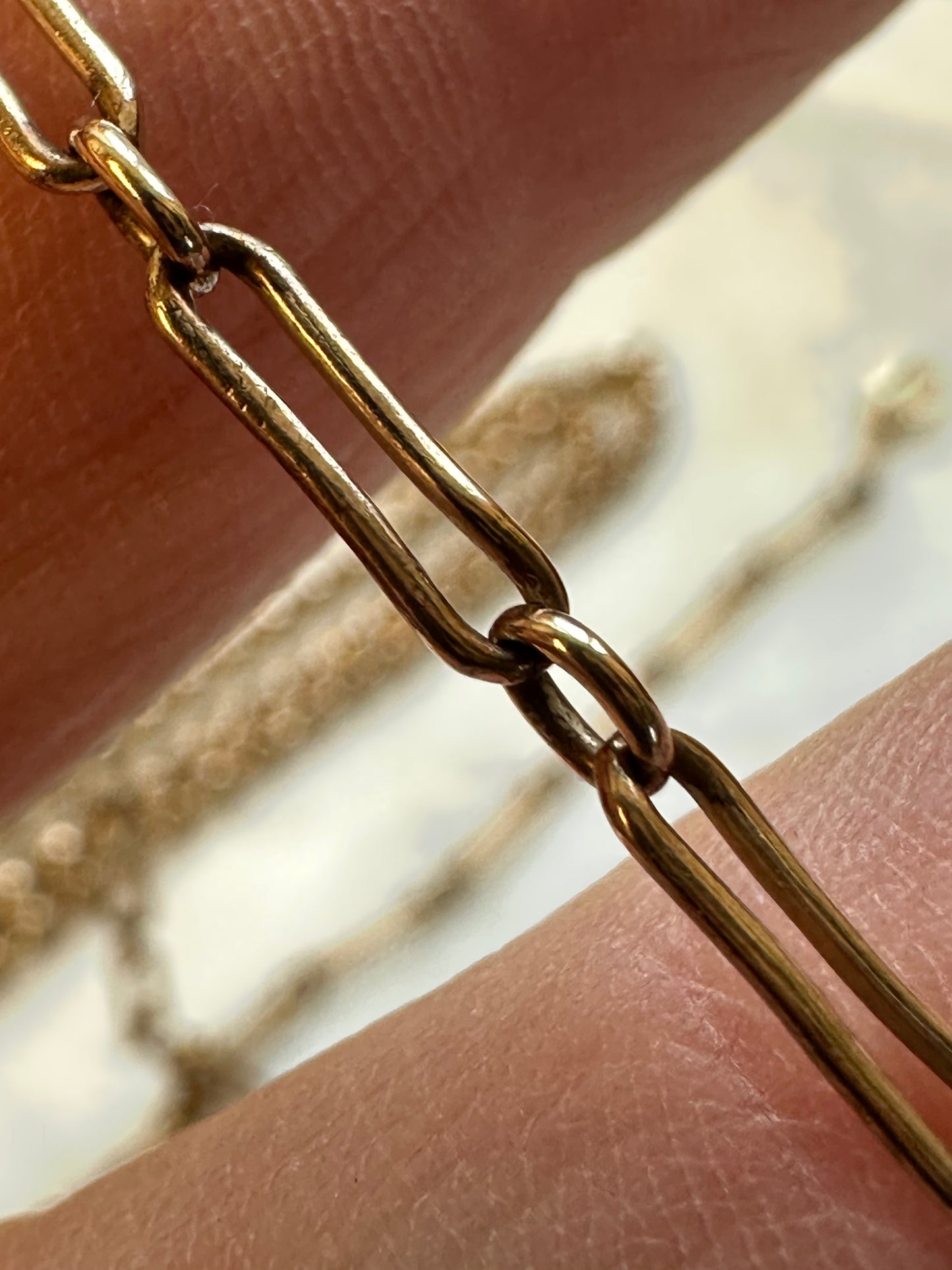 ANTIQUE 10K GOLD, CULTURED PEARL AND ONYX PENDANT on a rose gold mini trombone link chain 15" chain