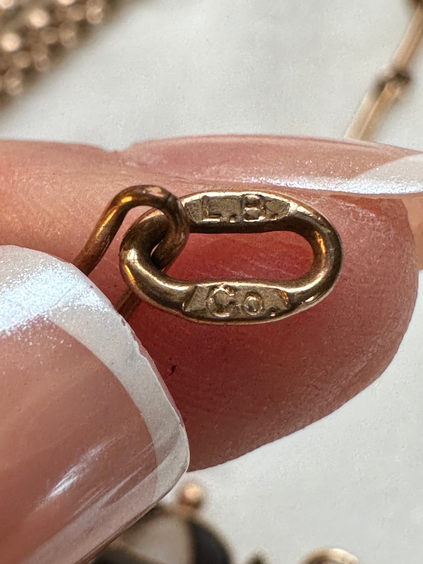 ANTIQUE 10K GOLD, CULTURED PEARL AND ONYX PENDANT on a rose gold mini trombone link chain 15" chain