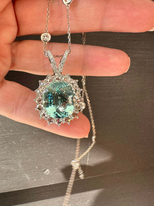 14K Gold 12.6 cttw Paraiba  & Diamond Pendant  Necklace  -Gia report