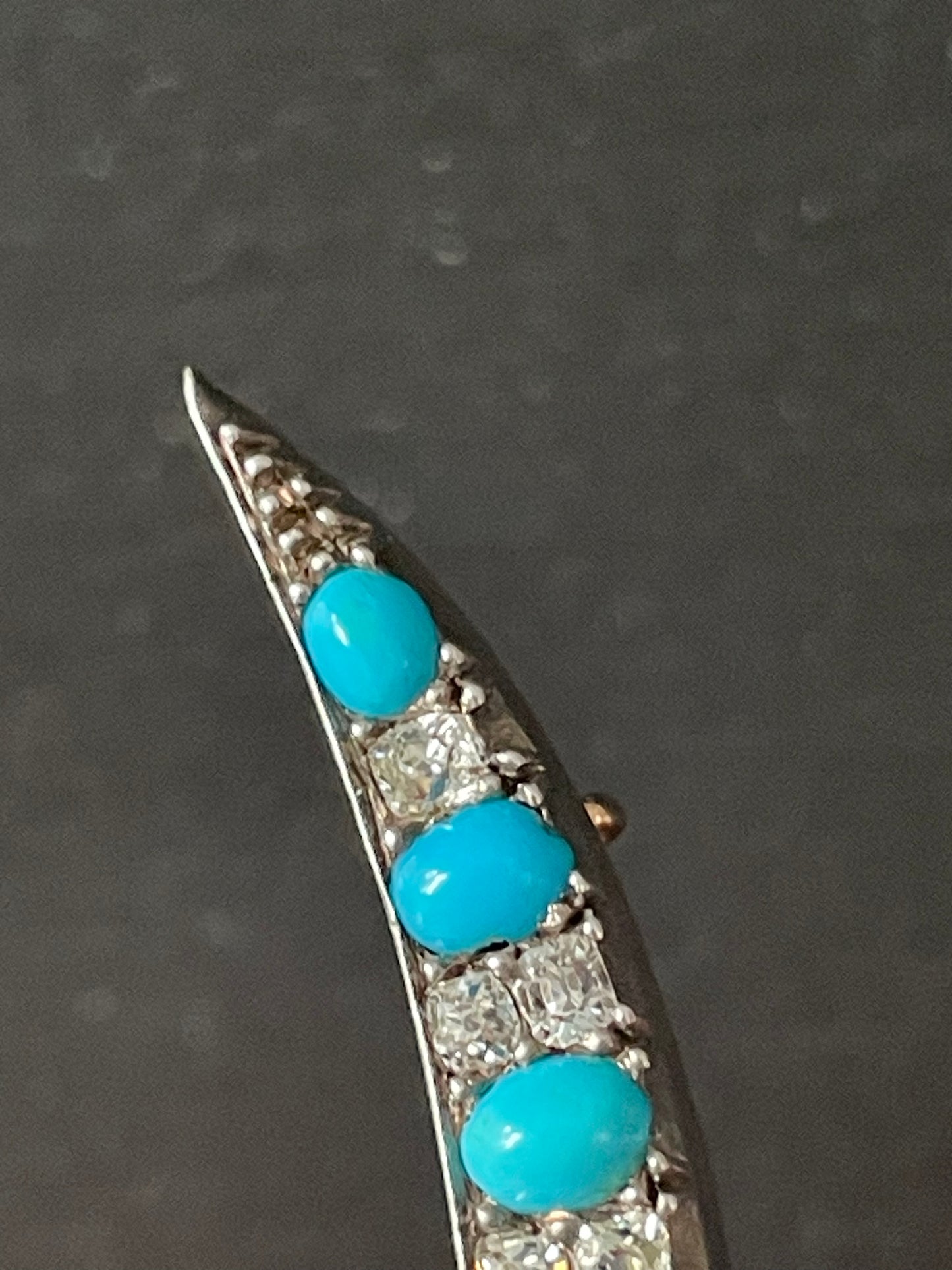 Victorian Crescent Brooch | Persian Turquoise & Old Mine Cut Diamond | Antique 19th Century Jewelry