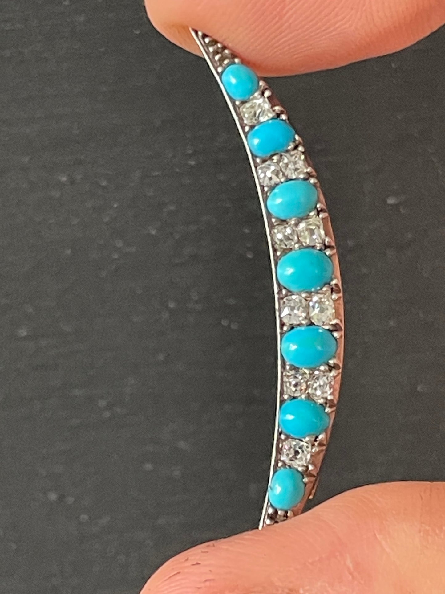 Victorian Crescent Brooch | Persian Turquoise & Old Mine Cut Diamond | Antique 19th Century Jewelry