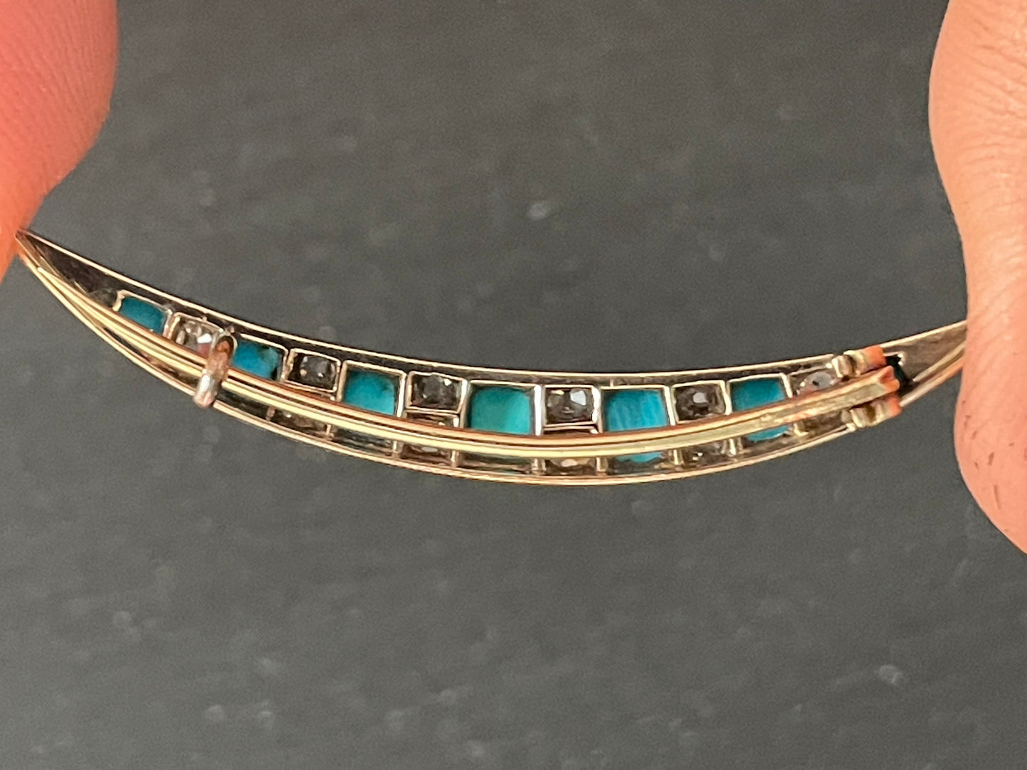 Victorian Crescent Brooch | Persian Turquoise & Old Mine Cut Diamond | Antique 19th Century Jewelry