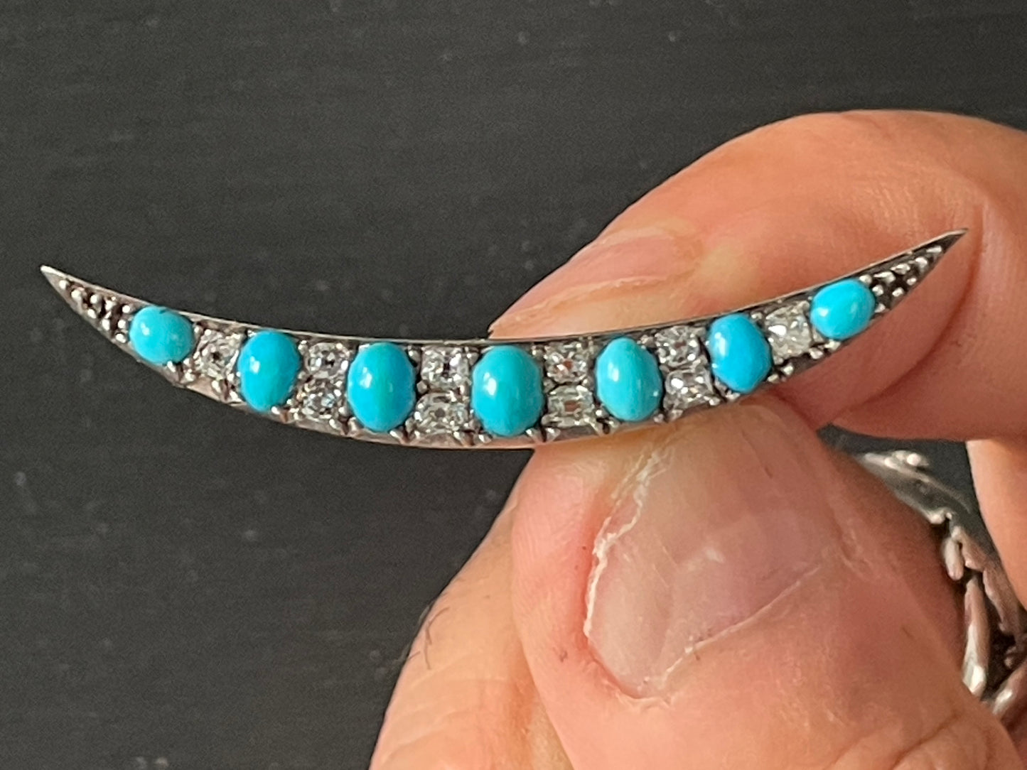 Victorian Crescent Brooch | Persian Turquoise & Old Mine Cut Diamond | Antique 19th Century Jewelry