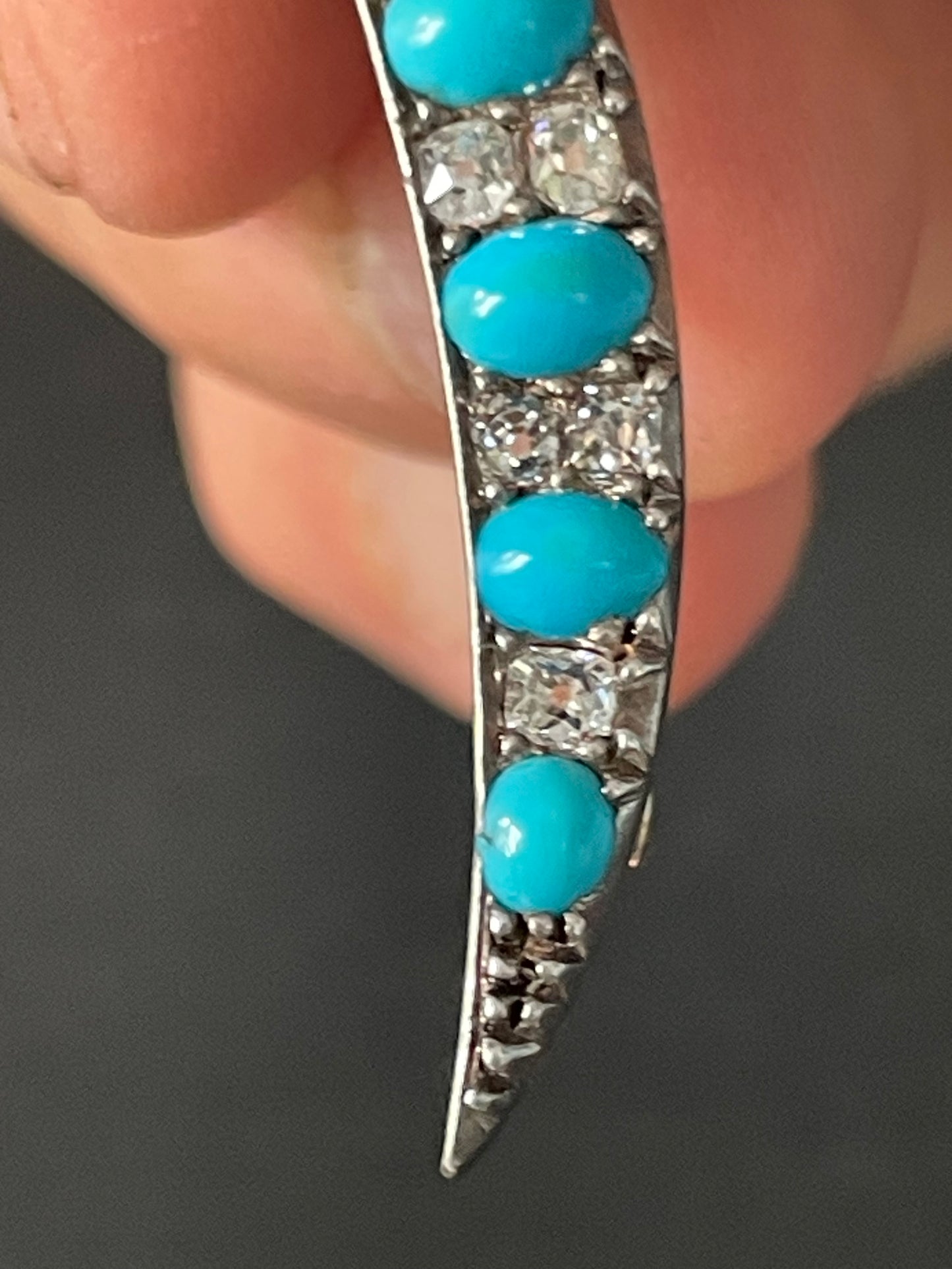 Victorian Crescent Brooch | Persian Turquoise & Old Mine Cut Diamond | Antique 19th Century Jewelry