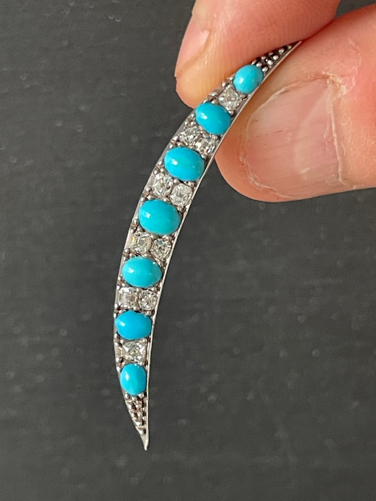 Victorian Crescent Brooch | Persian Turquoise & Old Mine Cut Diamond | Antique 19th Century Jewelry