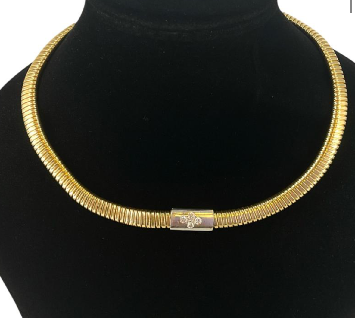 Vintage 14K Yellow Gold Tubogas Collar Necklace with Diamond Accents – 16”