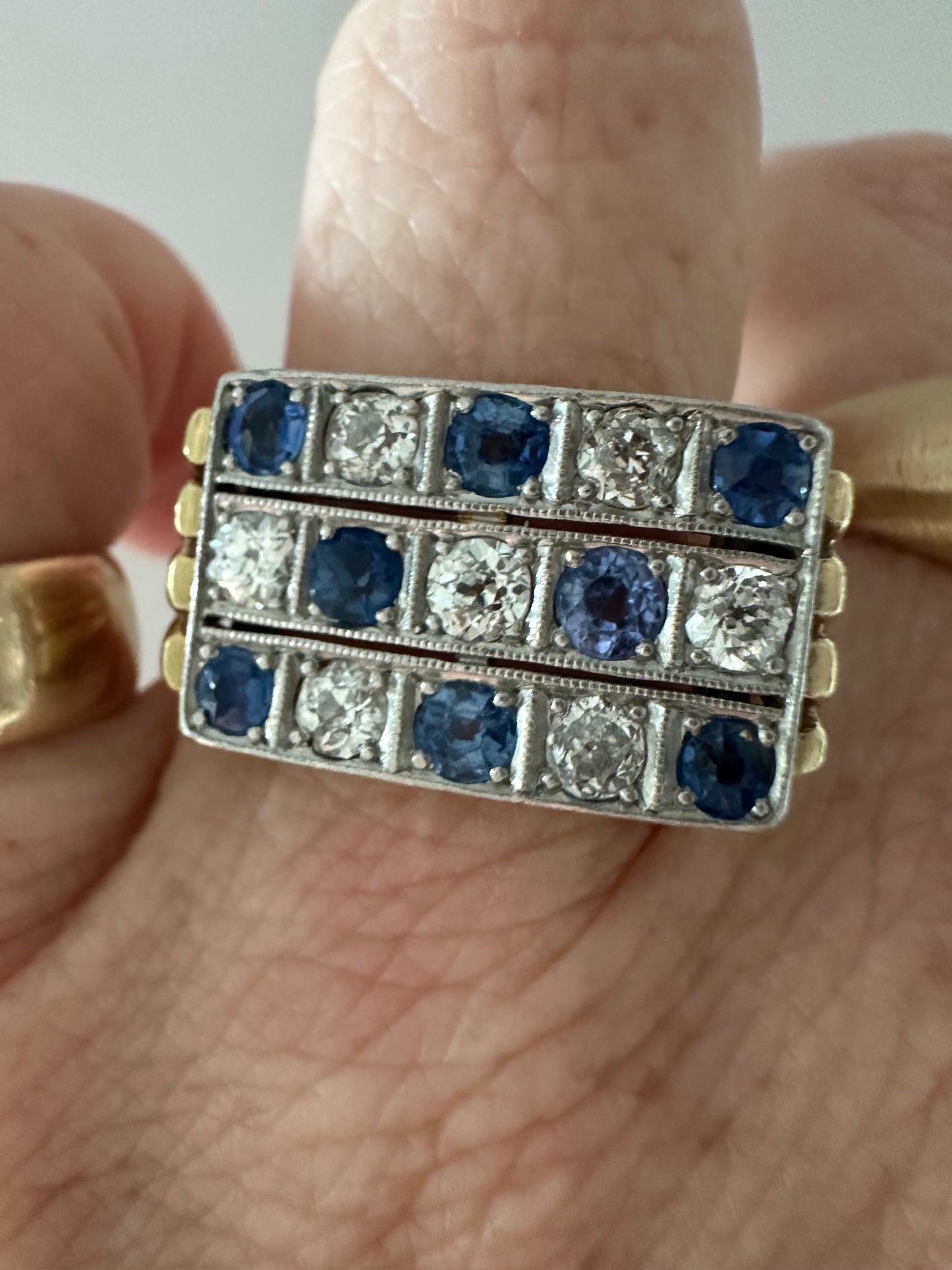 French 14k diamond and sapphire old mine tank like plaque ring