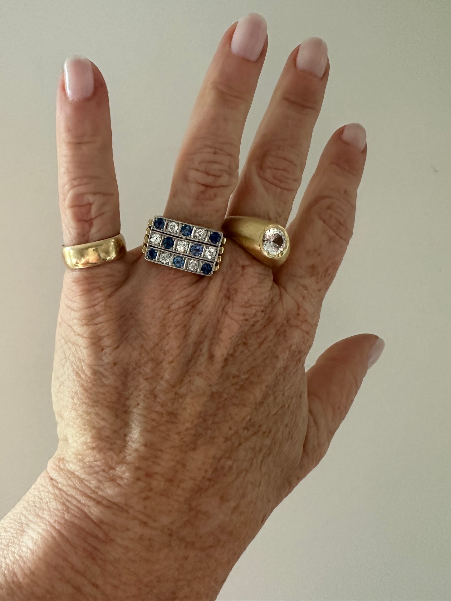 French 14k diamond and sapphire old mine tank like plaque ring