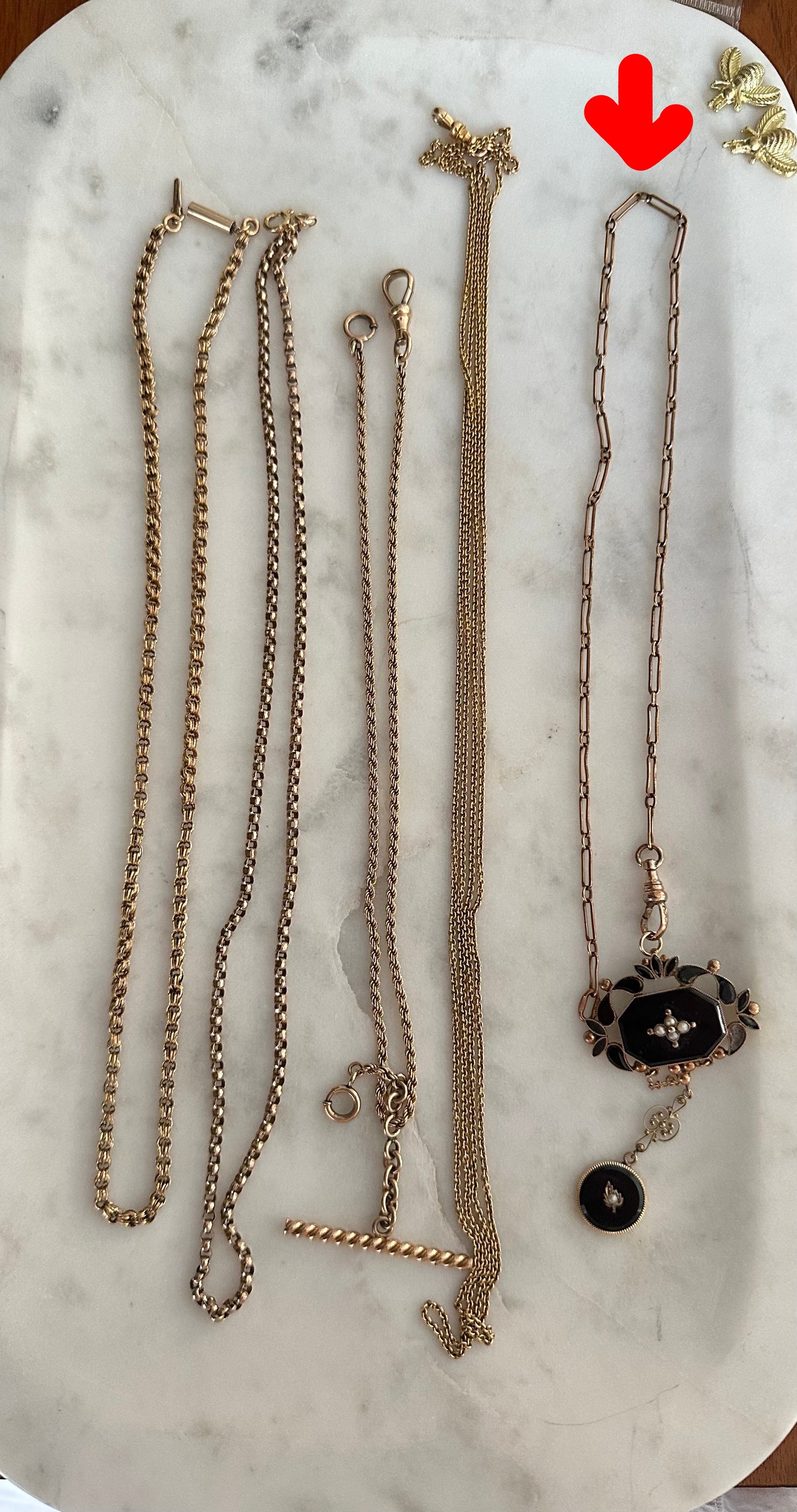 ANTIQUE 10K GOLD, CULTURED PEARL AND ONYX PENDANT on a rose gold mini trombone link chain 15" chain