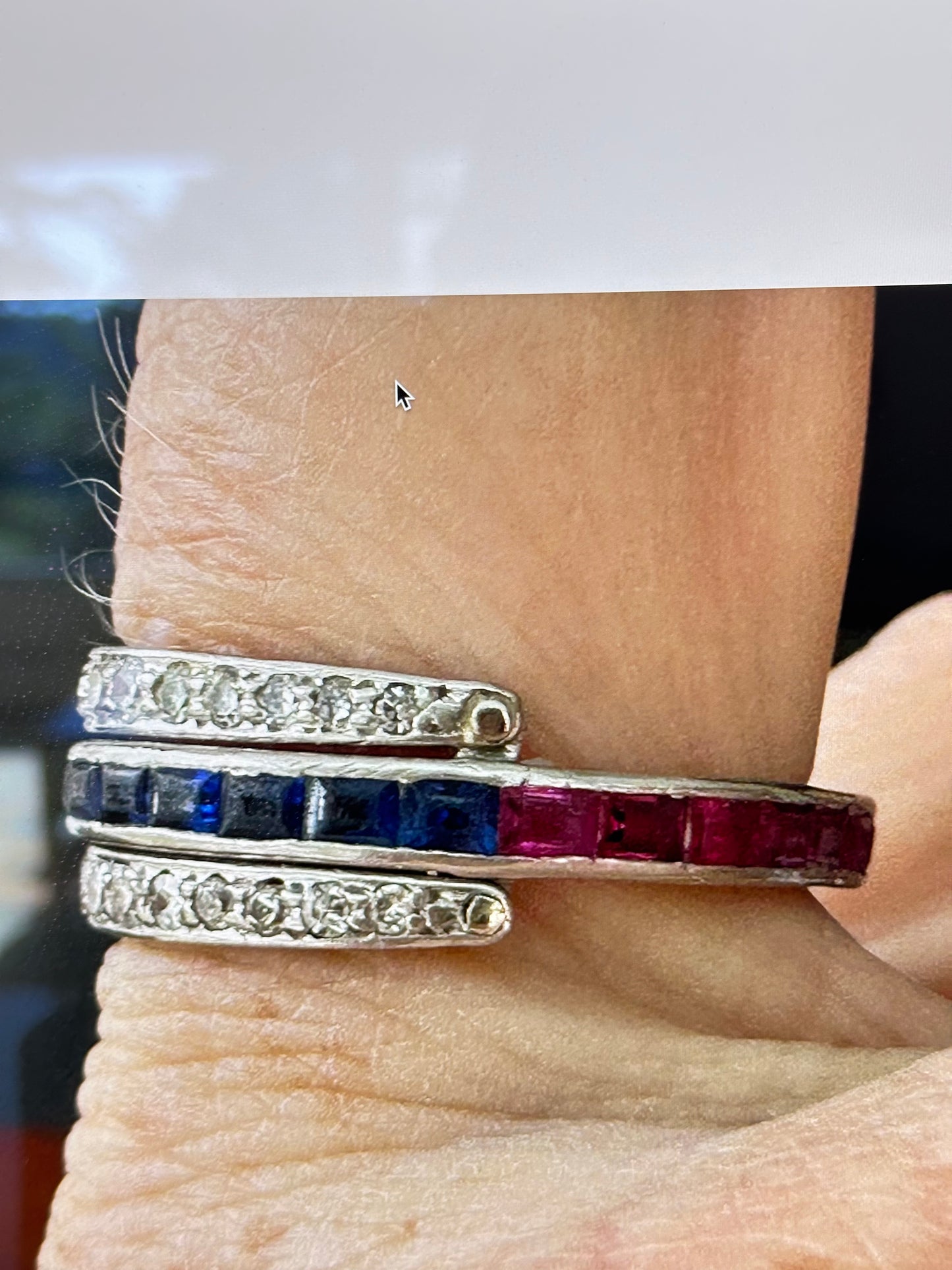 2. Art Deco Platinum Bypass Ring | Size 9 | Diamond, Sapphire & Ruby Calibre-Cut Band | Vintage Cocktail Ring