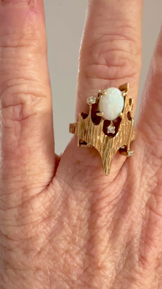 ✨ 14K Gold Opal & Diamond Brutalist Ring | Mid-Century Modern | Size 6