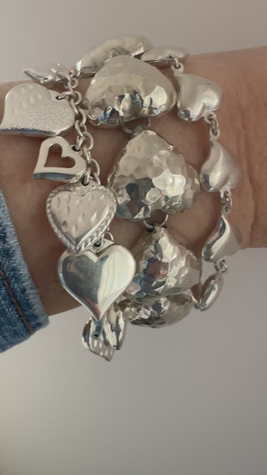 Vintage Sterling puffed hearts charm bracelet