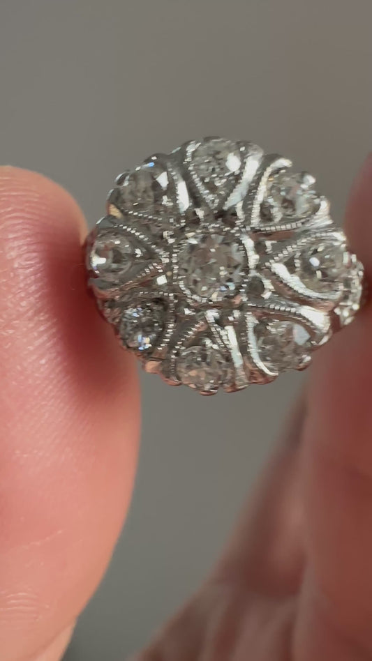 ✨ Antique Diamond Cluster Ring | Platinum-Topped Gold | c. 1910–1925