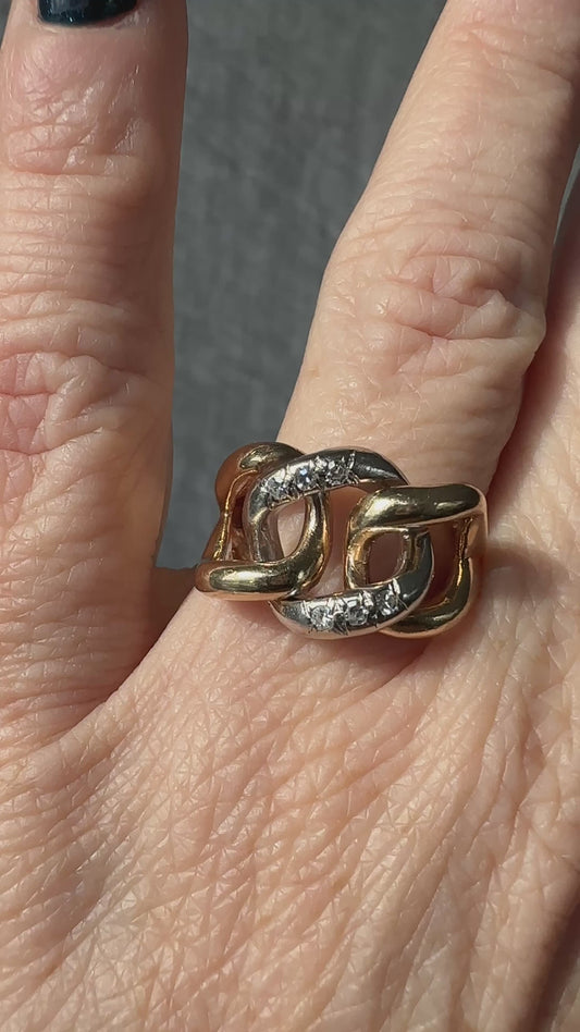 Vintage 14k white and yellow gold diamond modern lovers knot ring