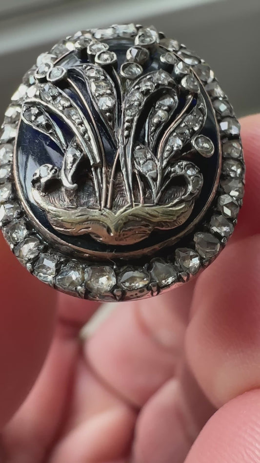 ANTIQUE Georgian 18K GOLD, SILVER, DIAMOND AND BLUE BRISTOL GLASS RING