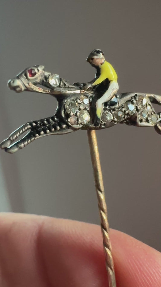 Antique English Diamond Horse & Enamel Jockey Stick Pin | Sterling Silver & 14k & 9K Gold, c.1900