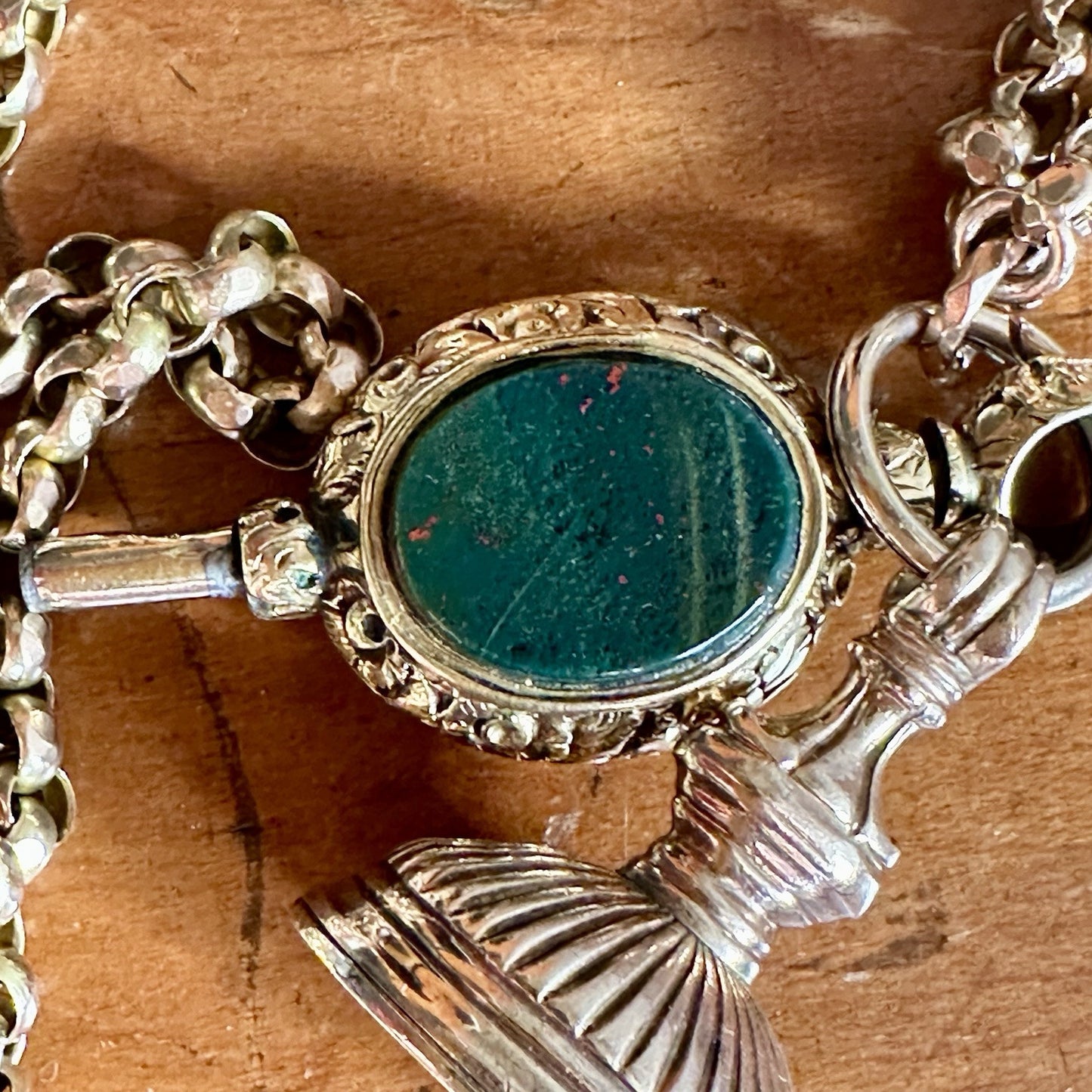 Gold Antique Belcher Chain And Carneilan, Bloodstone Watch Fobs 30” 47g