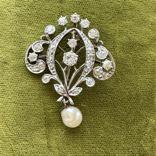 Belle Epoch  Platnium Diamond and  Pearl Brooch