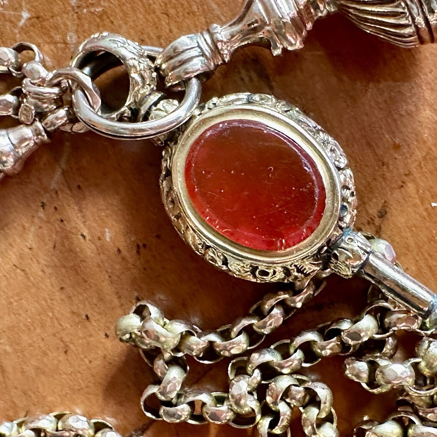 Gold Antique Belcher Chain And Carneilan, Bloodstone Watch Fobs 30” 47g