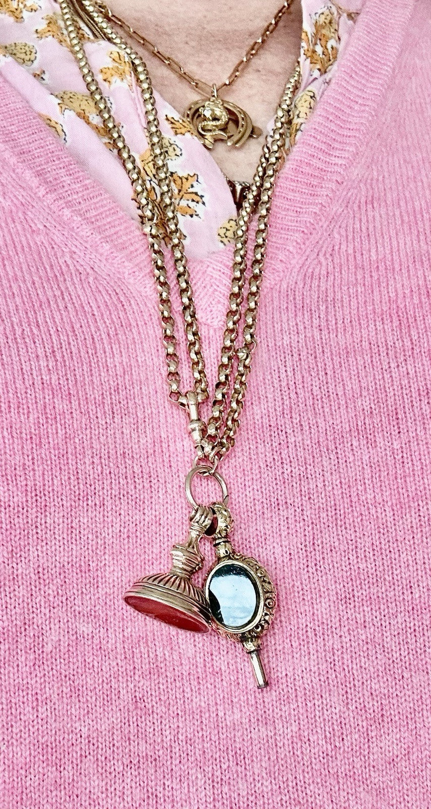 Gold Antique Belcher Chain And Carneilan, Bloodstone Watch Fobs 30” 47g