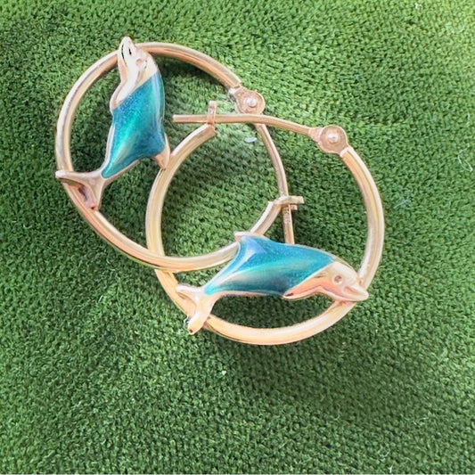 14k Gold and Blue Geometric dolphin Hoop Earrings