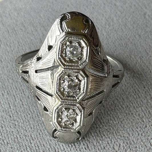 Antique 18k white European cut diamonds ring 3G