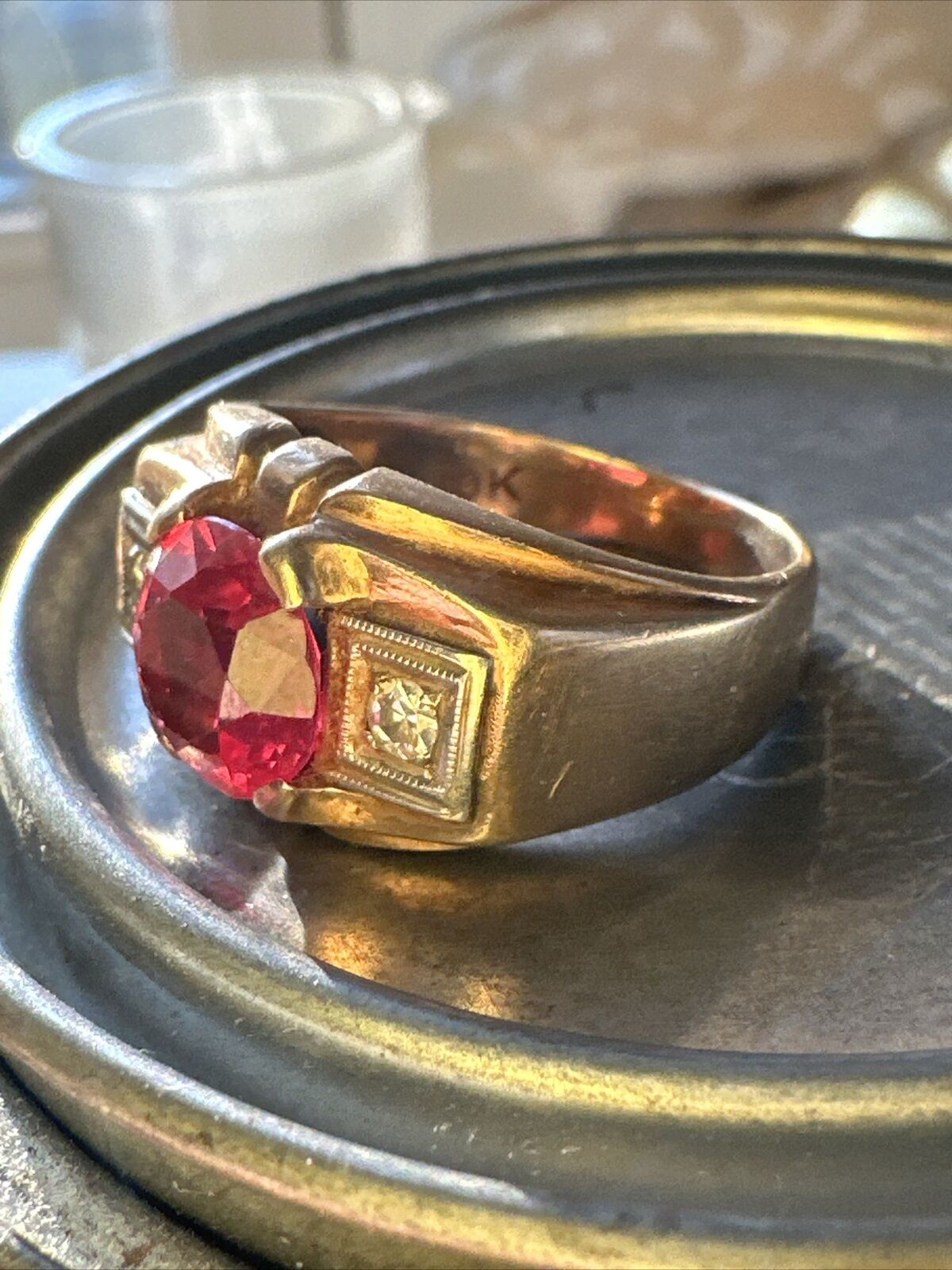 Art Deco 10k Gold Diamond and Lab Ruby