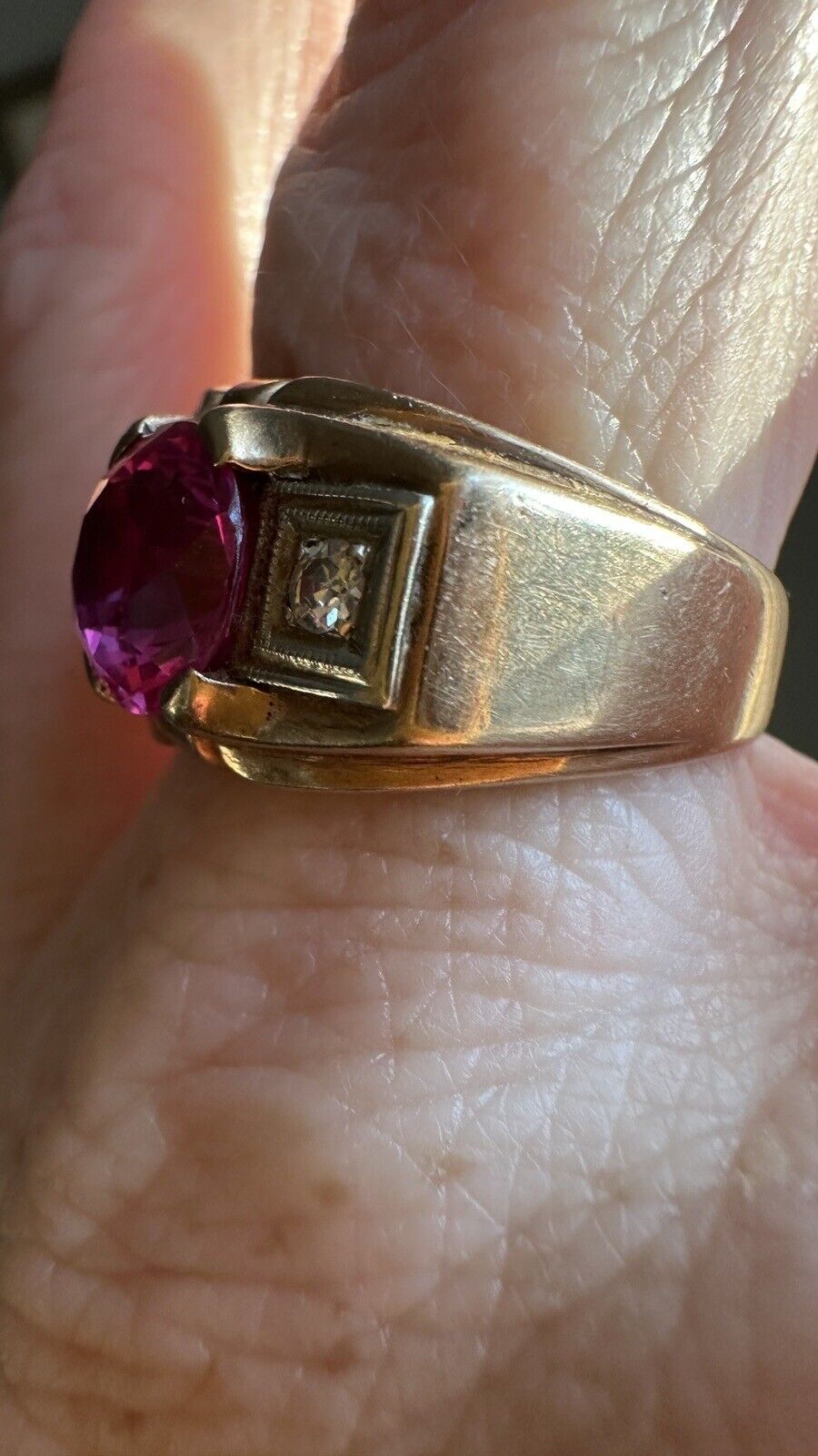 Art Deco 10k Gold Diamond and Lab Ruby