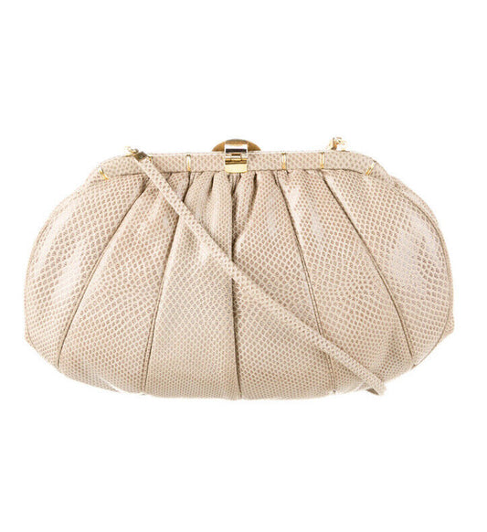 Judith Leiber White Snakeskin Clasp Clutch Bag W/ Strap