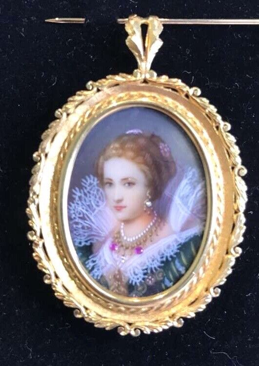 18 Kt Italian Hand Painted Victorian Cameo Diamond Convertible /Pendant Brooch
