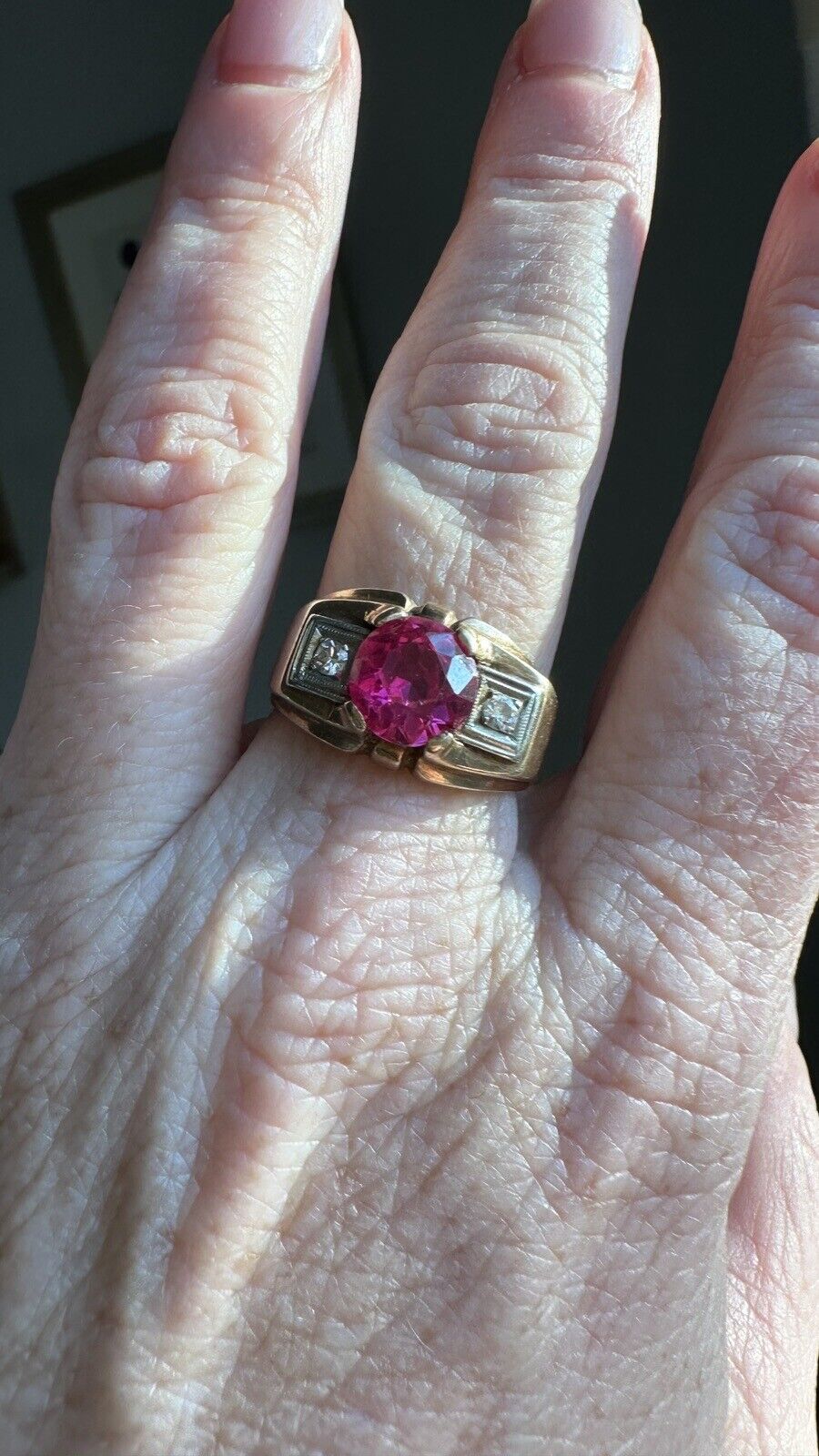 Art Deco 10k Gold Diamond and Lab Ruby