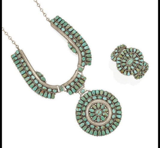 A SILVER, TURQUOISE NECKLACE AND CUFF-turquoise native american necklace & Cuff