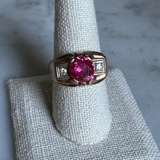 Art Deco 10k Gold Diamond and Lab Ruby