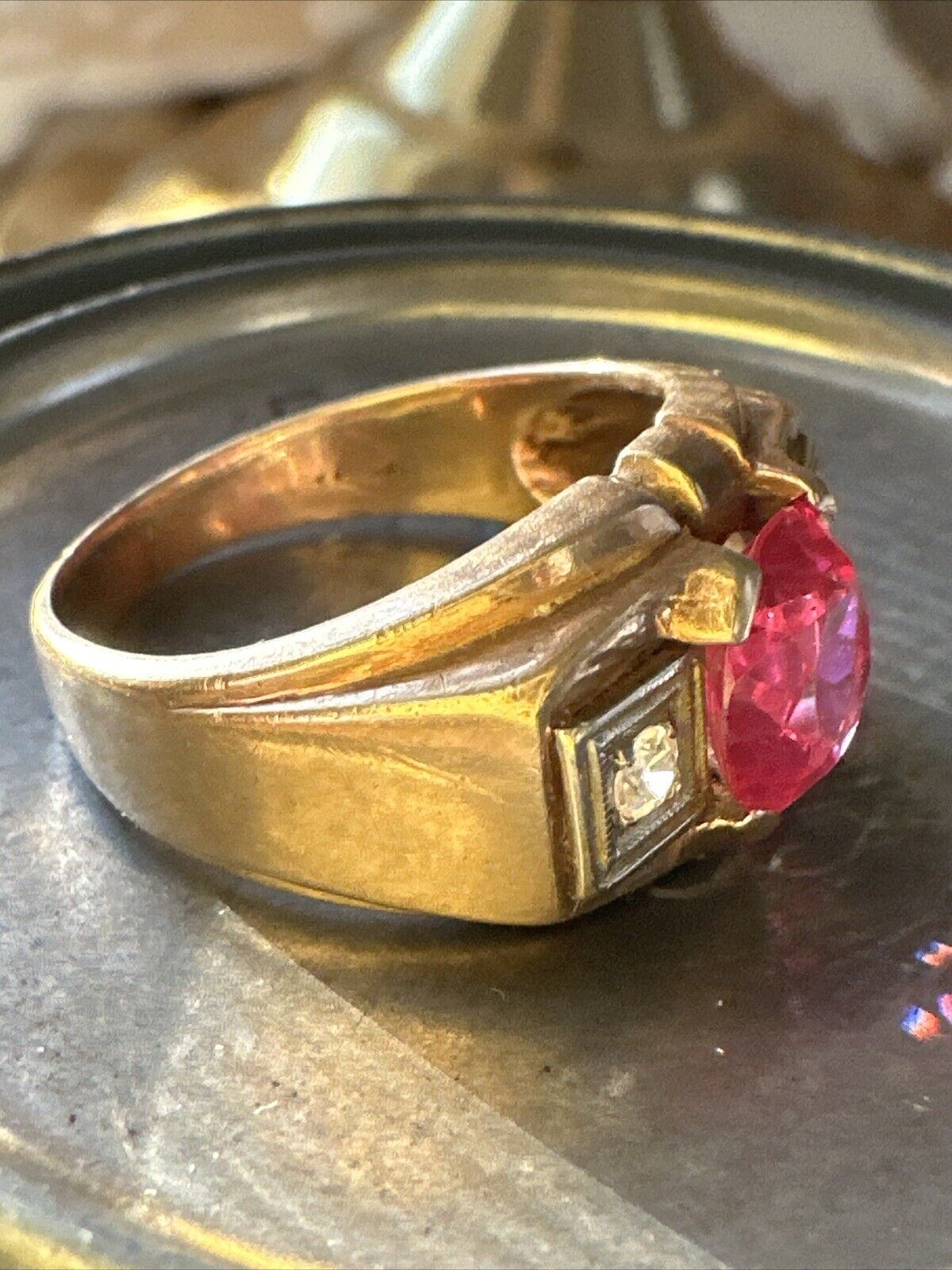 Art Deco 10k Gold Diamond and Lab Ruby
