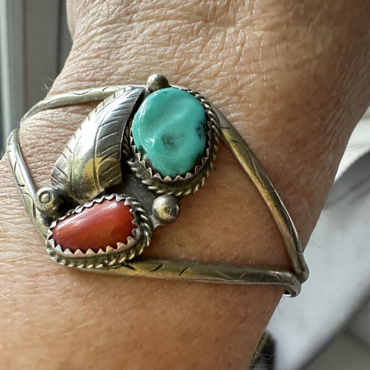 Navajo sterling silver turquoise & Coral  cuff bracelet