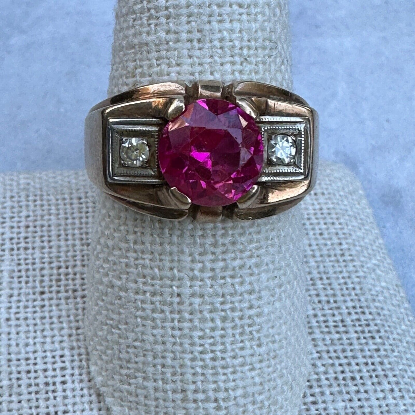 Art Deco 10k Gold Diamond and Lab Ruby