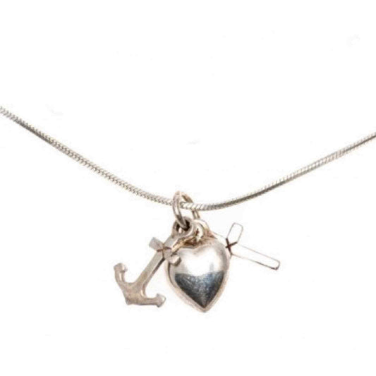 A STERLING SILVER necklace WITH A FAITH, HOPE AND CHARITY PENDANTS