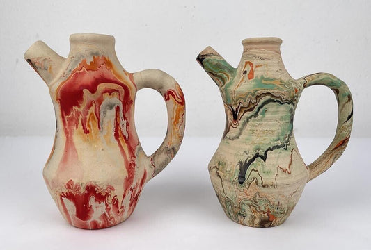 Pair of Nemadji Swirl Native American Clay Art Pitchers Signed
