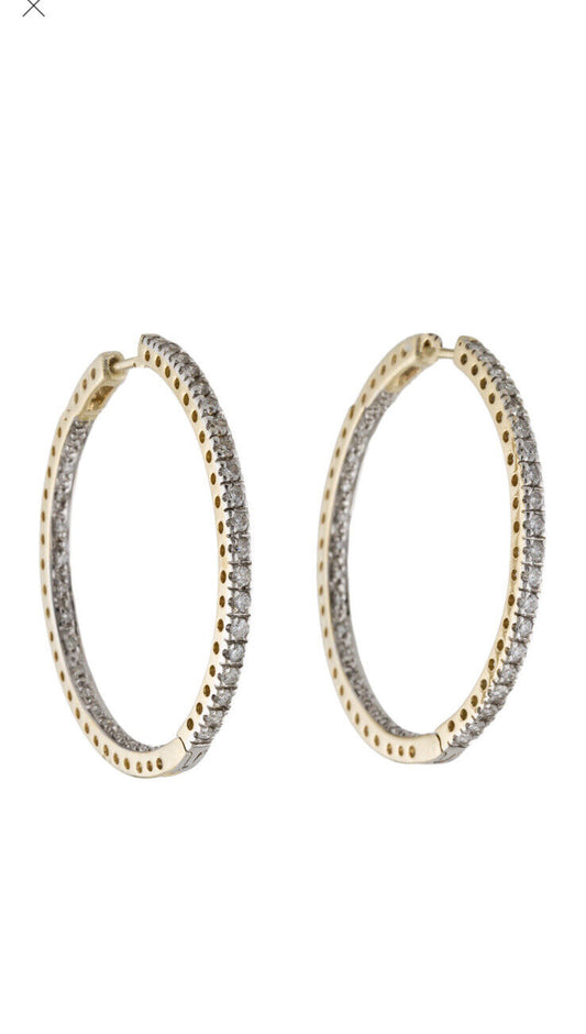 1.2 ct Diamond Hoop Earrings Women in 14K Yellow Gold Round Inside Out 1.26 inch