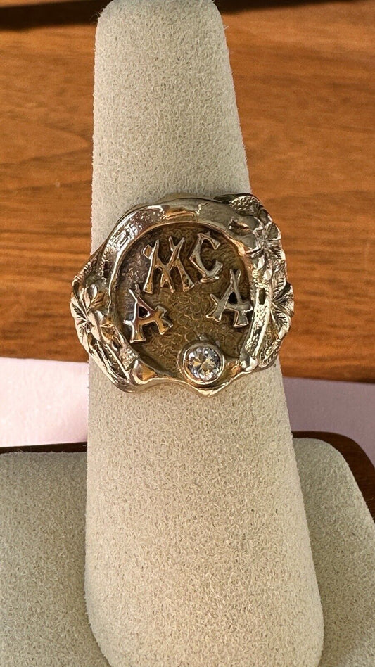 Antique 14K Yellow Gold Mine Cut Diamond MCAA  Initial Signet Ring Size 7 9.66 G