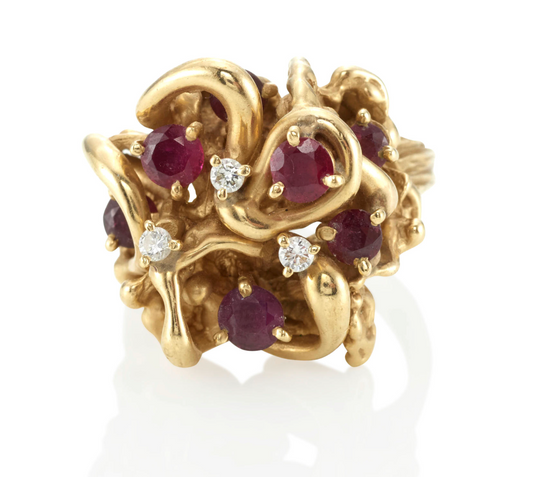 Vintage Heavy Estate 14K  Gold Ruby & Diamond Cluster Cocktail ring