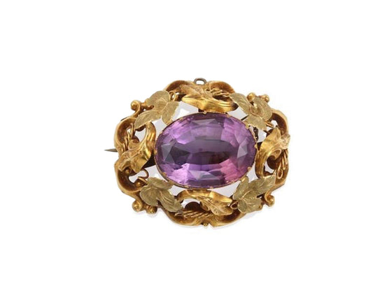 ANTIQUE • Art Nouveau 10k Yellow Gold Buffed Top Amethyst Scroll Frame Brooch