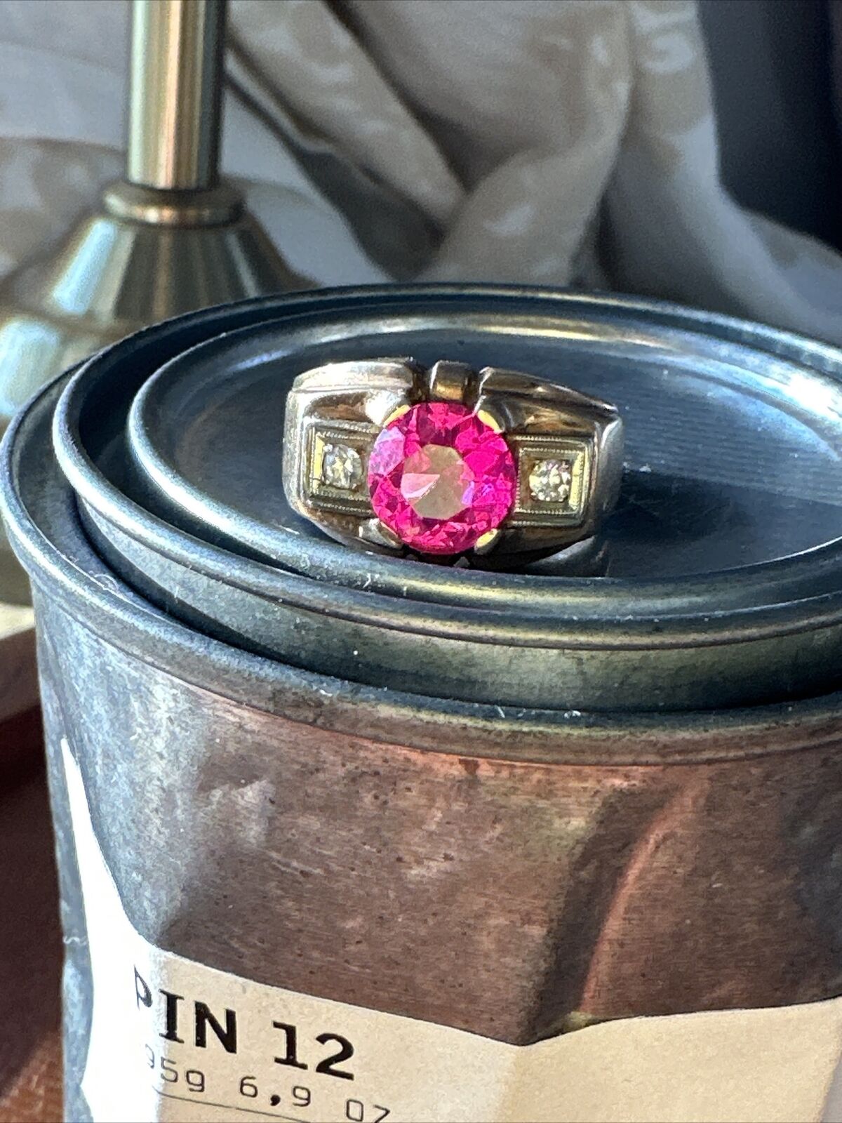 Art Deco 10k Gold Diamond and Lab Ruby
