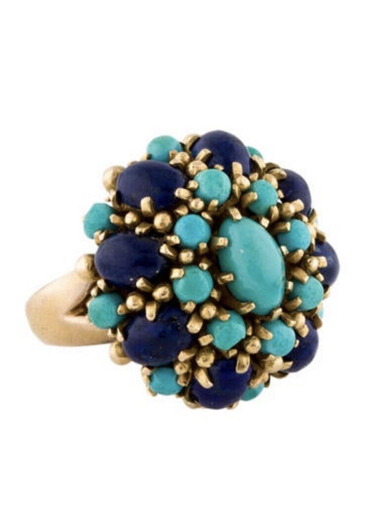 Vintage Cluster  Turquoise Lapis 14k Cocktail Ring size 8
