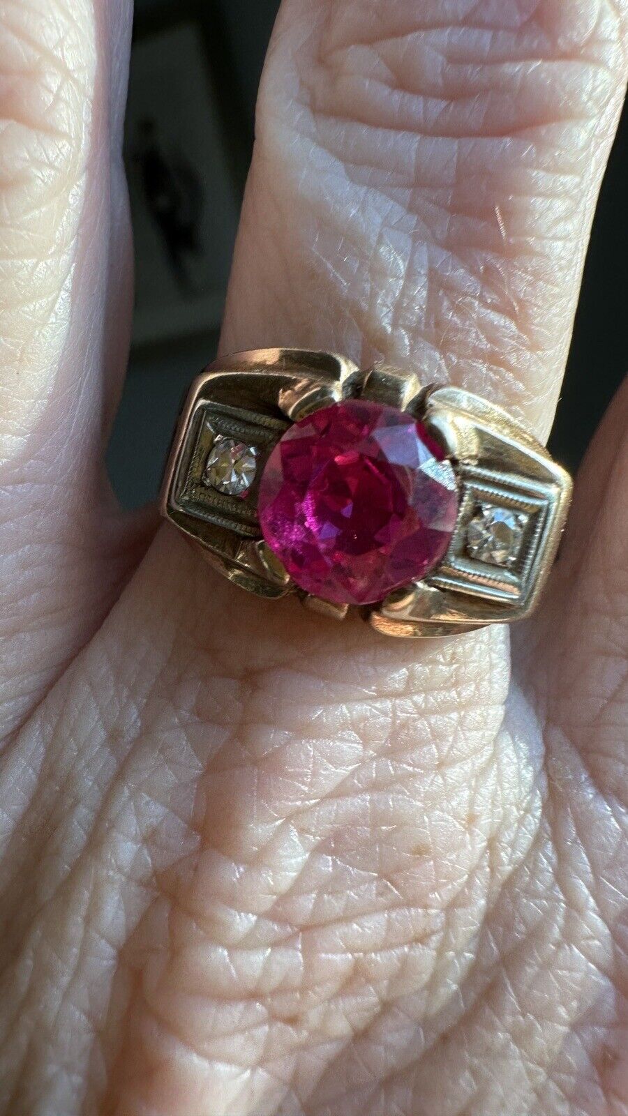 Art Deco 10k Gold Diamond and Lab Ruby